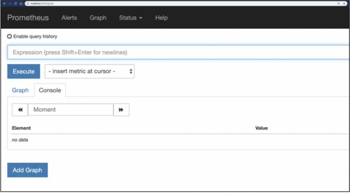 Prometheus web UI showing active metrics and scrape targets